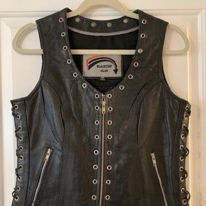 Black leather motorcycle vest, Blacktop Gear